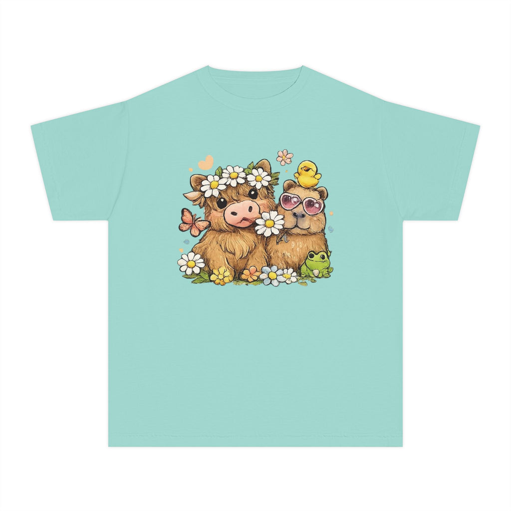 Cute Highland Cow with Daisies Youth Tee | Spring Farm Animal Kids Shirt