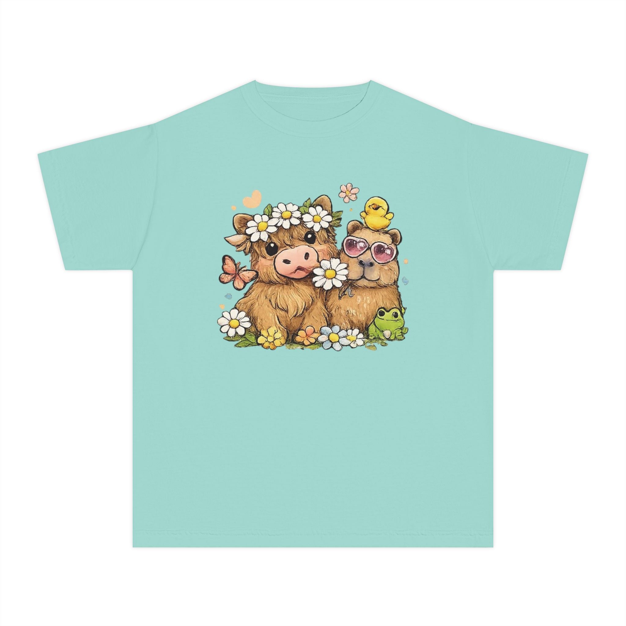 Cute Highland Cow with Daisies Youth Tee | Spring Farm Animal Kids Shirt