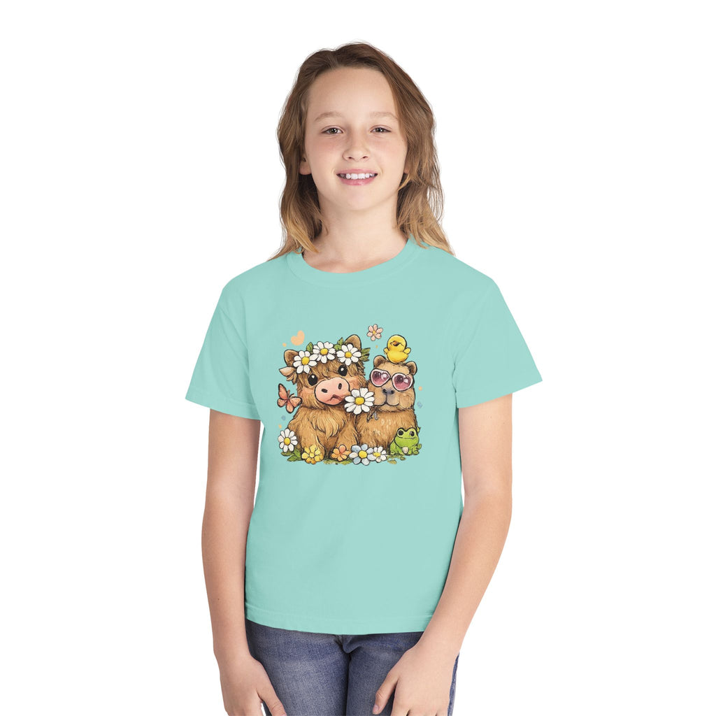 Cute Highland Cow with Daisies Youth Tee | Spring Farm Animal Kids Shirt