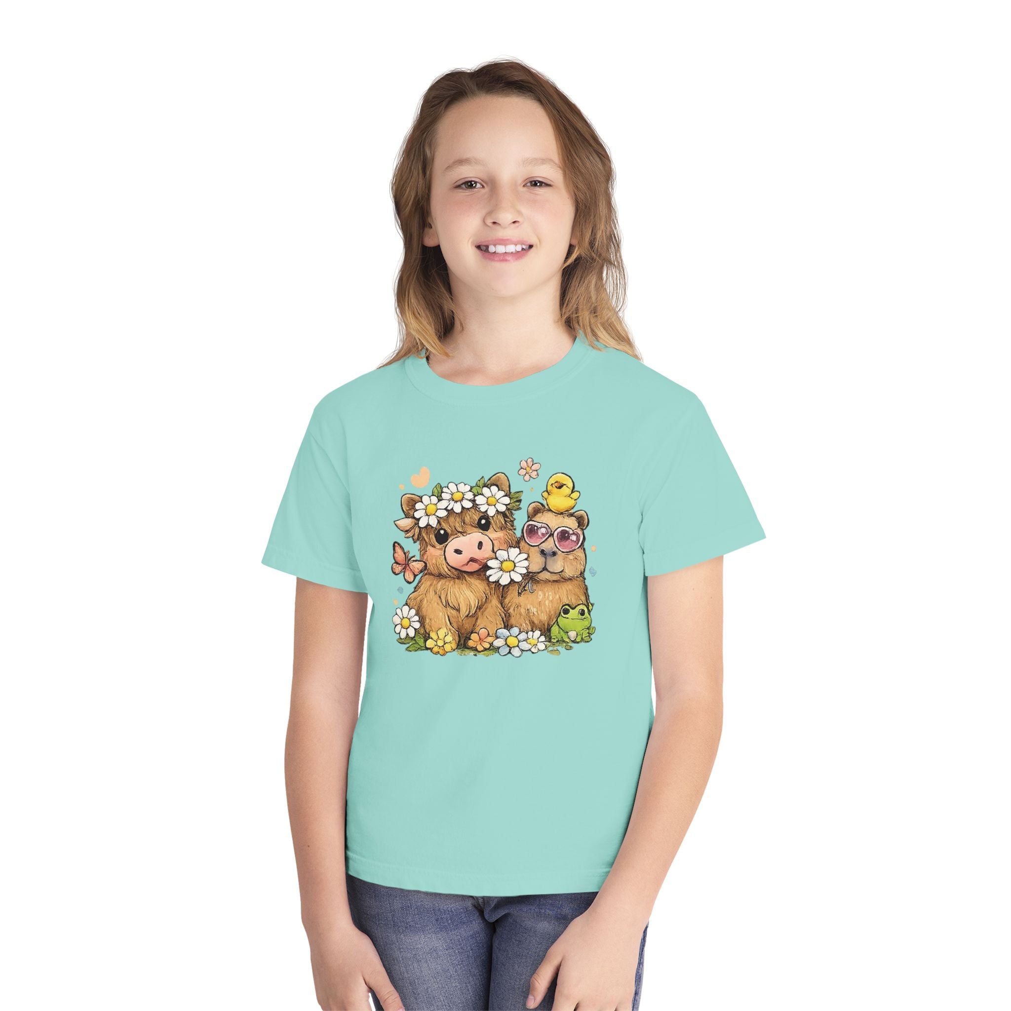 Cute Highland Cow with Daisies Youth Tee | Spring Farm Animal Kids Shirt