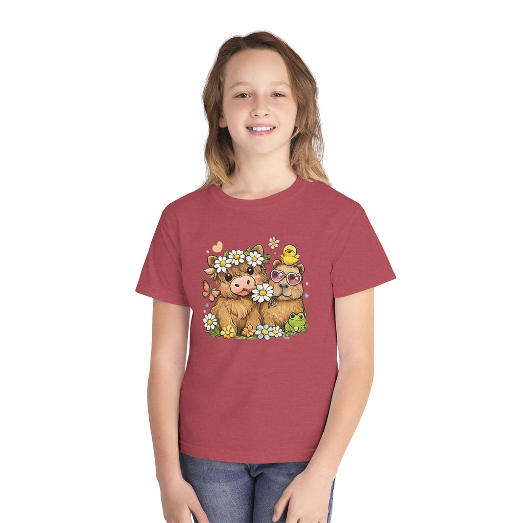 Cute Highland Cow with Daisies Youth Tee | Spring Farm Animal Kids Shirt