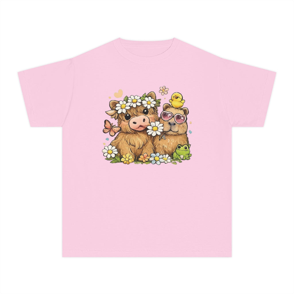 Cute Highland Cow with Daisies Youth Tee | Spring Farm Animal Kids Shirt