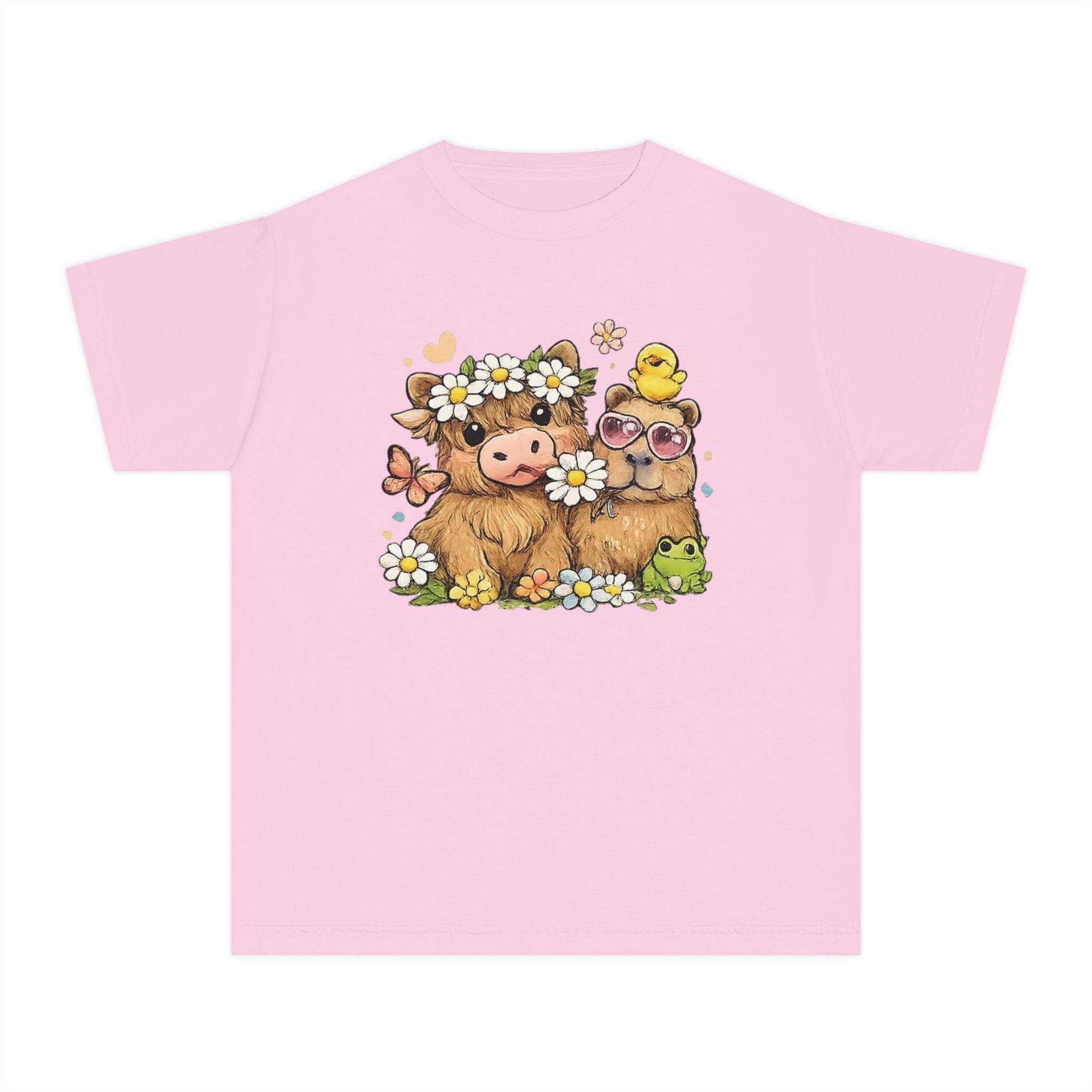 Cute Highland Cow with Daisies Youth Tee | Spring Farm Animal Kids Shirt