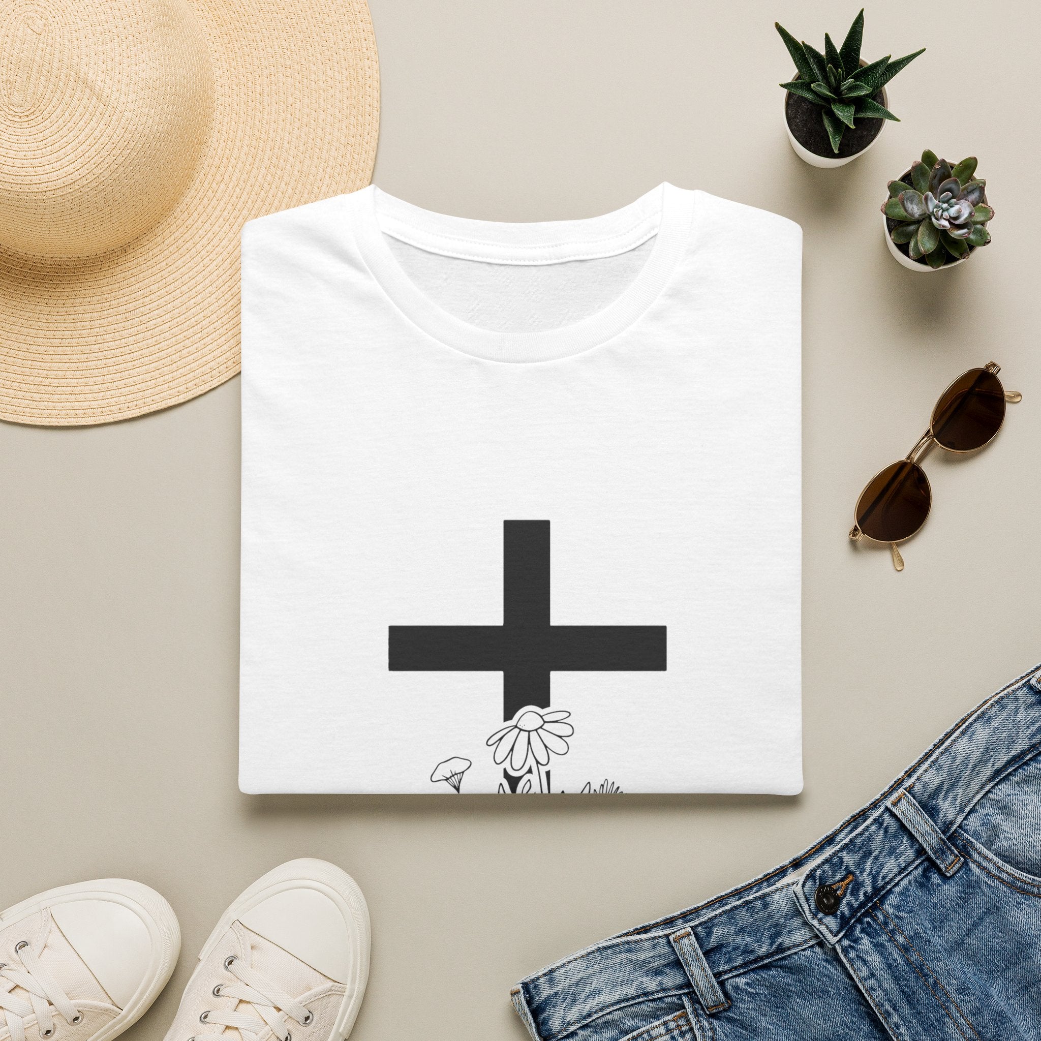 T-Shirt — Minimal Cross with Daisy Illustration