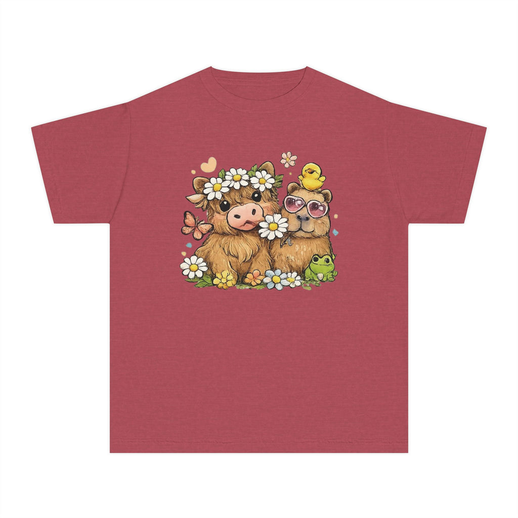 Cute Highland Cow with Daisies Youth Tee | Spring Farm Animal Kids Shirt