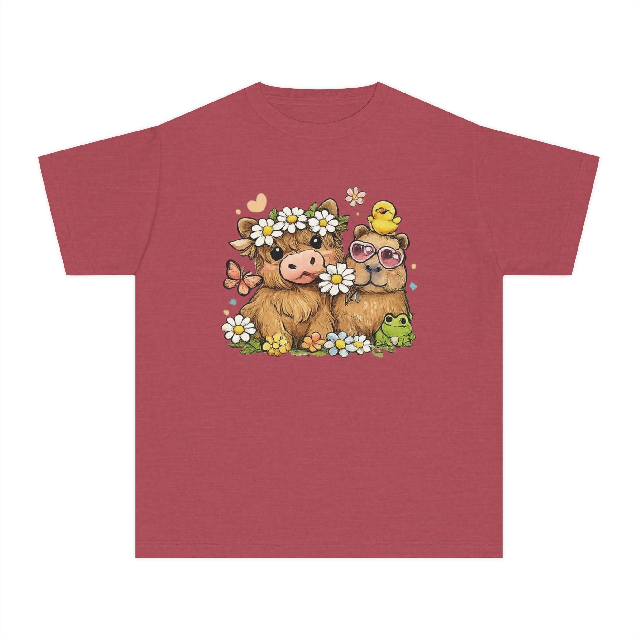 Cute Highland Cow with Daisies Youth Tee | Spring Farm Animal Kids Shirt