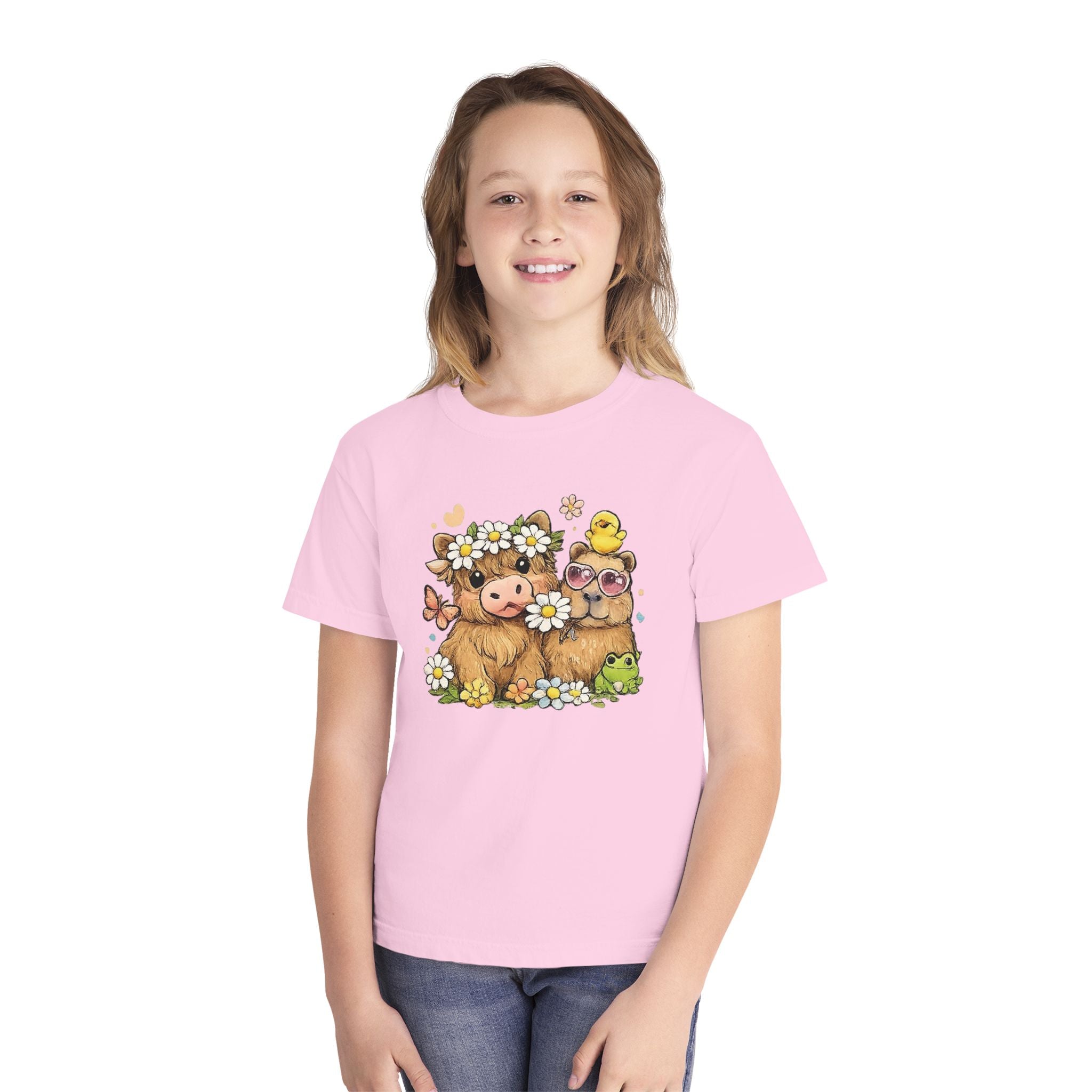 Cute Highland Cow with Daisies Youth Tee | Spring Farm Animal Kids Shirt