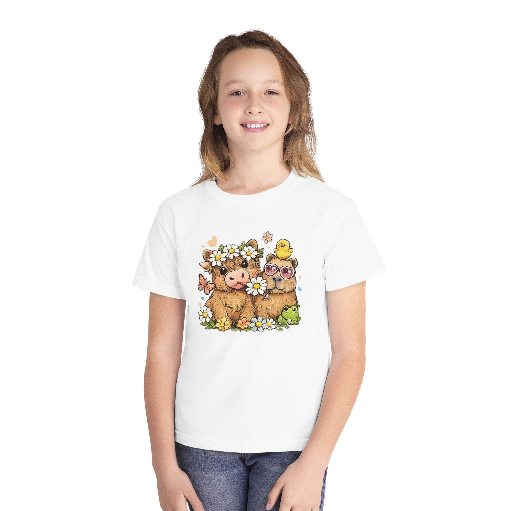 Cute Highland Cow with Daisies Youth Tee | Spring Farm Animal Kids Shirt