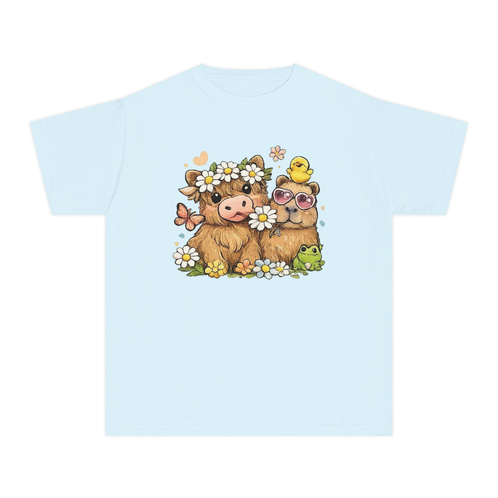 Cute Highland Cow with Daisies Youth Tee | Spring Farm Animal Kids Shirt