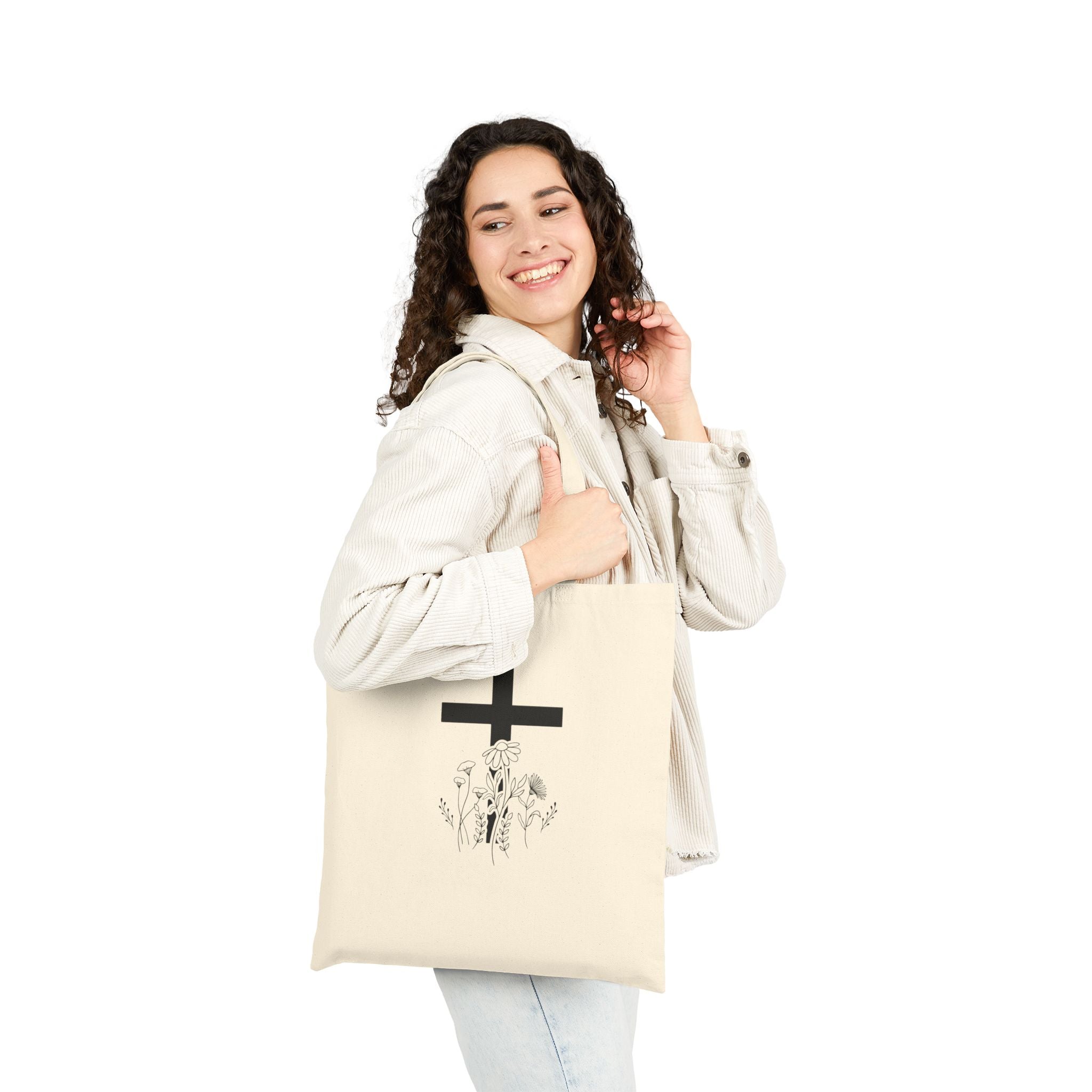 Canvas Tote Bag — Minimal Cross & Wildflowers Tote (Religious Floral Eco Bag)