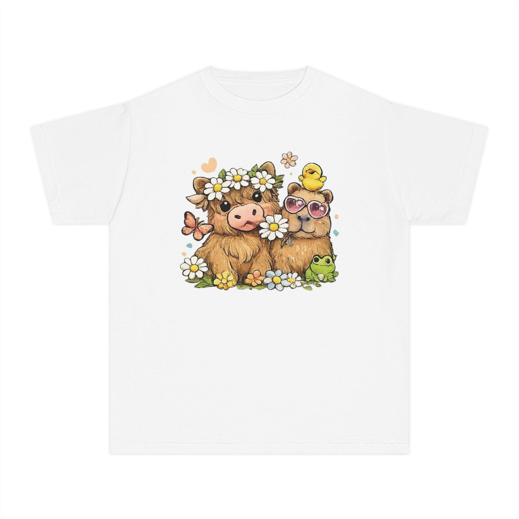 Cute Highland Cow with Daisies Youth Tee | Spring Farm Animal Kids Shirt