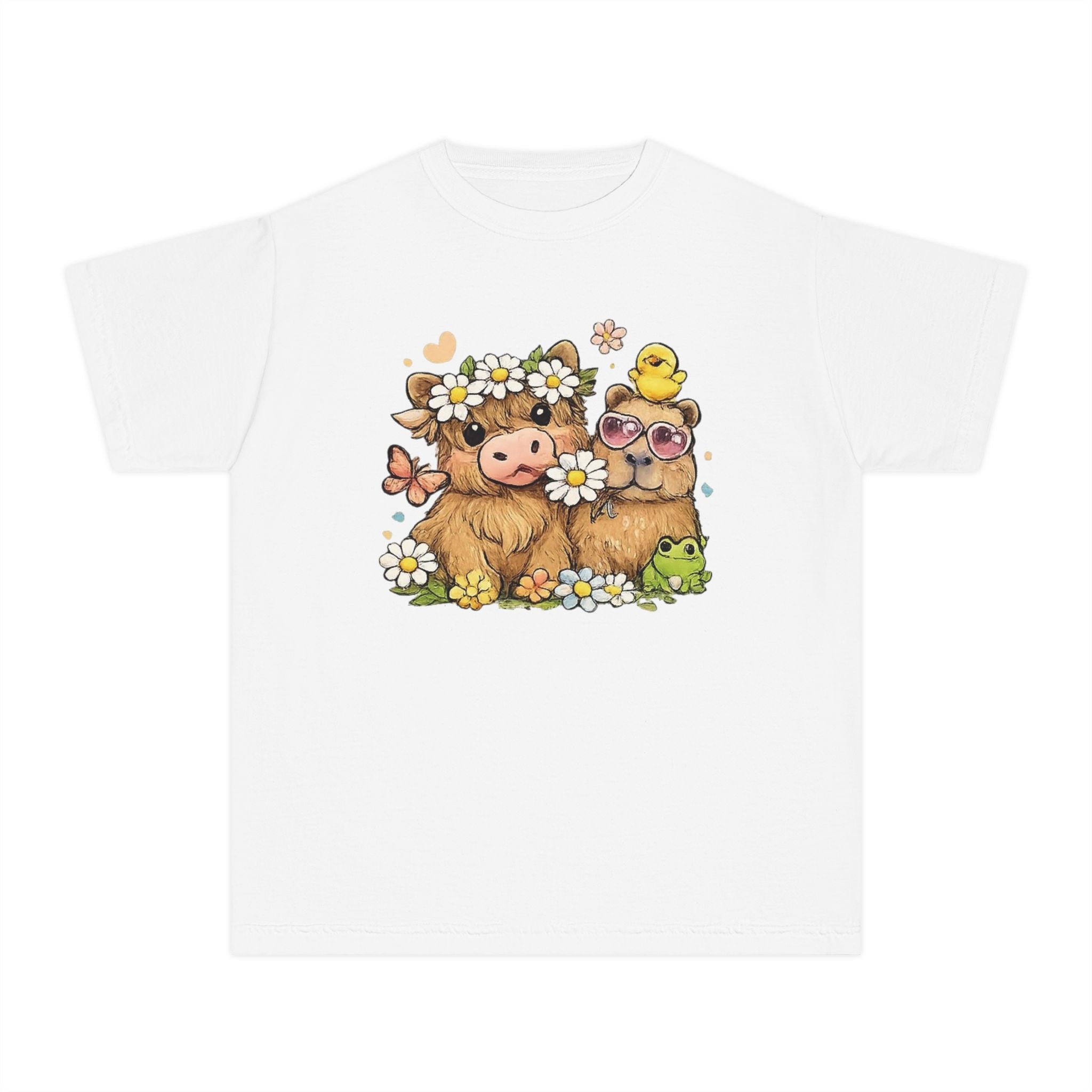 Cute Highland Cow with Daisies Youth Tee | Spring Farm Animal Kids Shirt