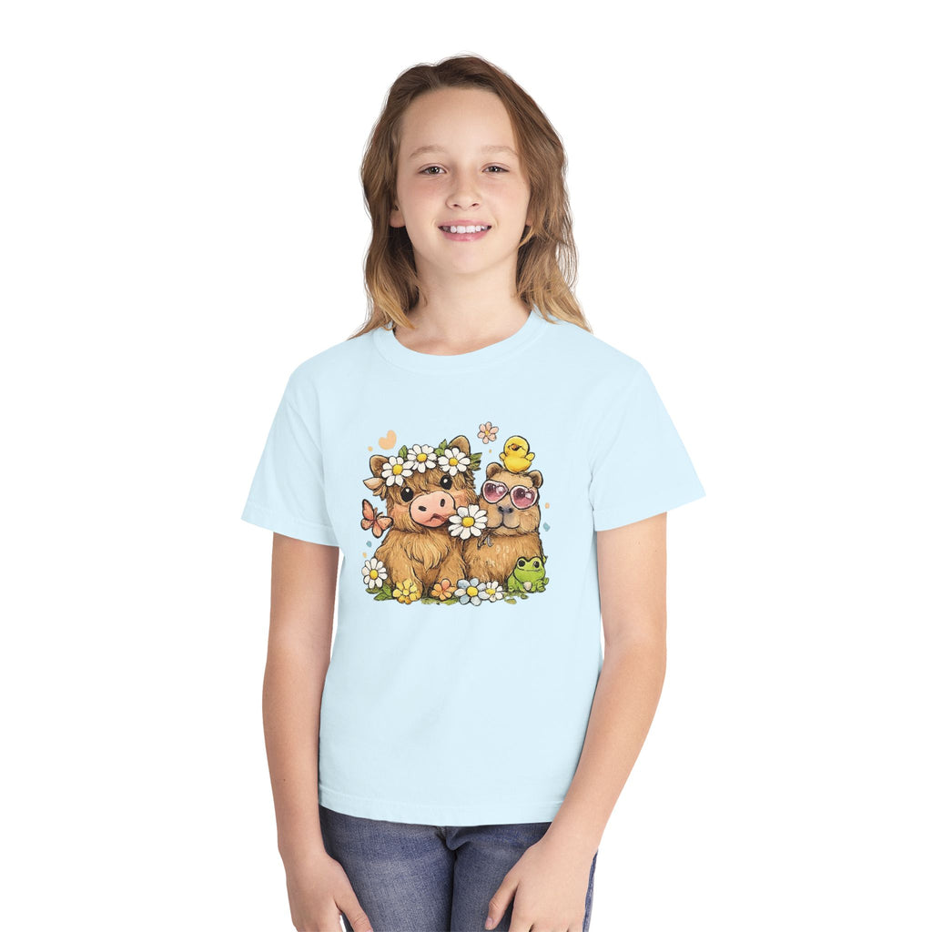 Cute Highland Cow with Daisies Youth Tee | Spring Farm Animal Kids Shirt
