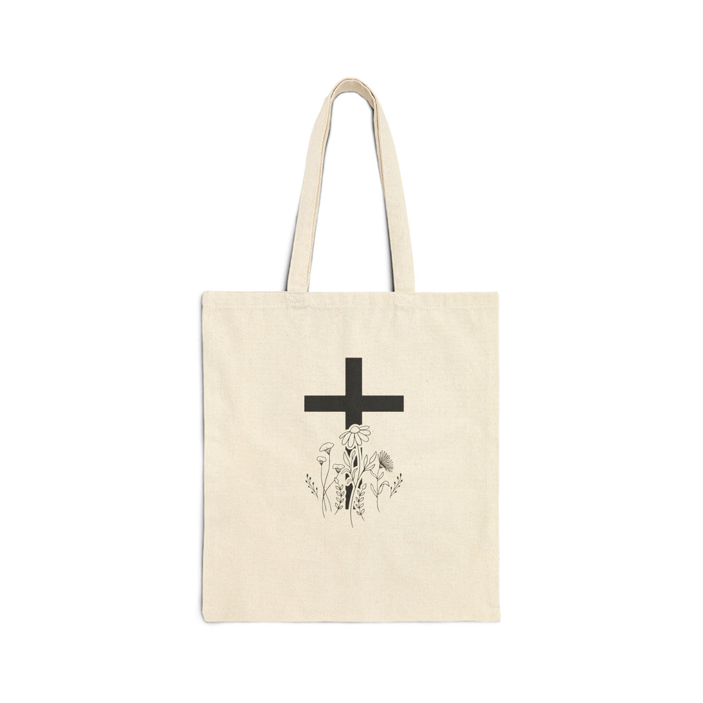 Canvas Tote Bag — Minimal Cross & Wildflowers Tote (Religious Floral Eco Bag)
