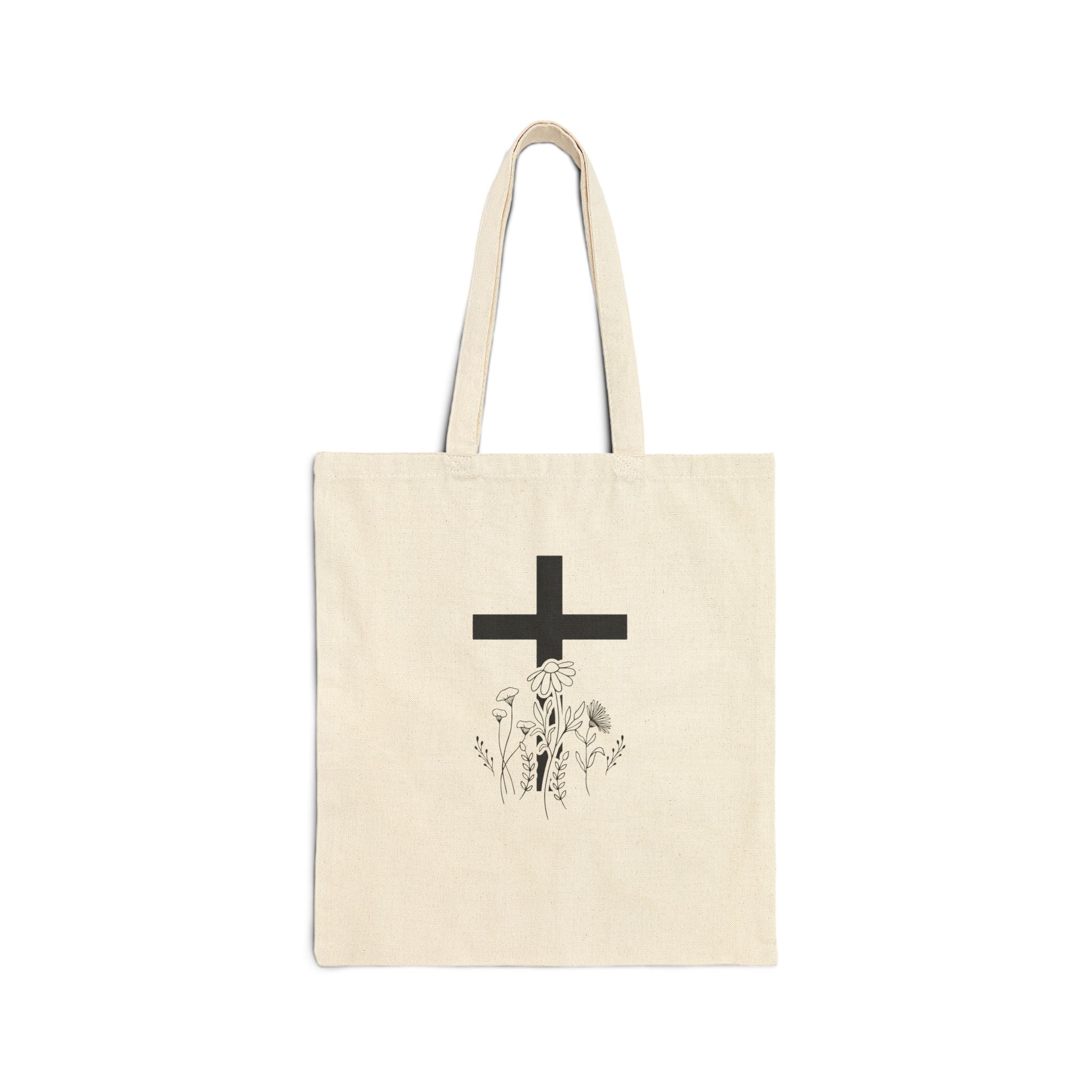 Canvas Tote Bag — Minimal Cross & Wildflowers Tote (Religious Floral Eco Bag)
